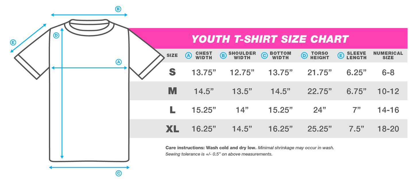 Run The Edge 2025 Miles Kids Youth Shirt Size Chart