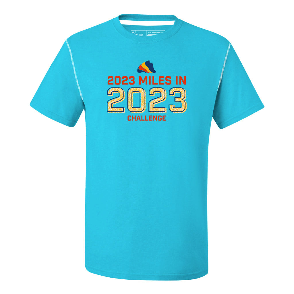 The Run The Year 2023 miles in 2023 challenge tech shirt. This custom-dyed tech shirt is a performance-grade garment engineered for races or just looking stylish! Made of custom fabric that is light, comfortable, and durable.