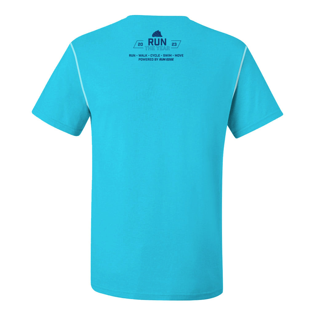 The Run The Year 2023 miles in 2023 challenge tech shirt. This custom-dyed tech shirt is a performance-grade garment engineered for races or just looking stylish! Made of custom fabric that is light, comfortable, and durable.