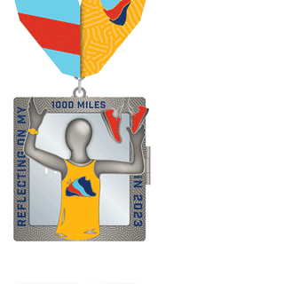 Run The Year fitness challenge medals. This 1000 miles in 2023 finisher medal opens to reveal a mirror with the word "finisher" on it so you can see your reflection as the finisher.