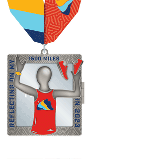 Run The Year fitness challenge medals. This 1500 miles in 2023 finisher medal opens to reveal a mirror with the word "finisher" on it so you can see your reflection as the finisher.