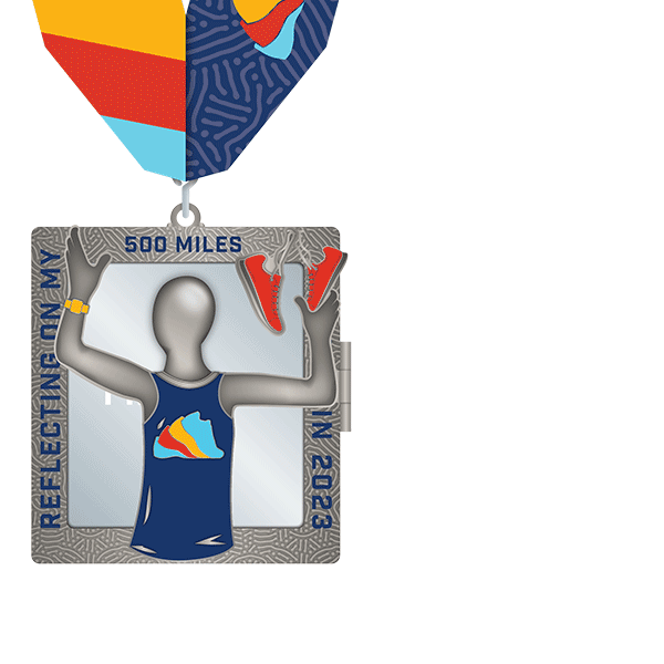 Run The Year fitness challenge medals. This 500 miles in 2023 finisher medal opens to reveal a mirror with the word "finisher" on it so you can see your reflection as the finisher.