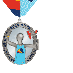 Run The Year fitness challenge medals. This 2023 miles in 2023 finisher medal opens to reveal a mirror with the word "finisher" on it so you can see your reflection as the finisher.