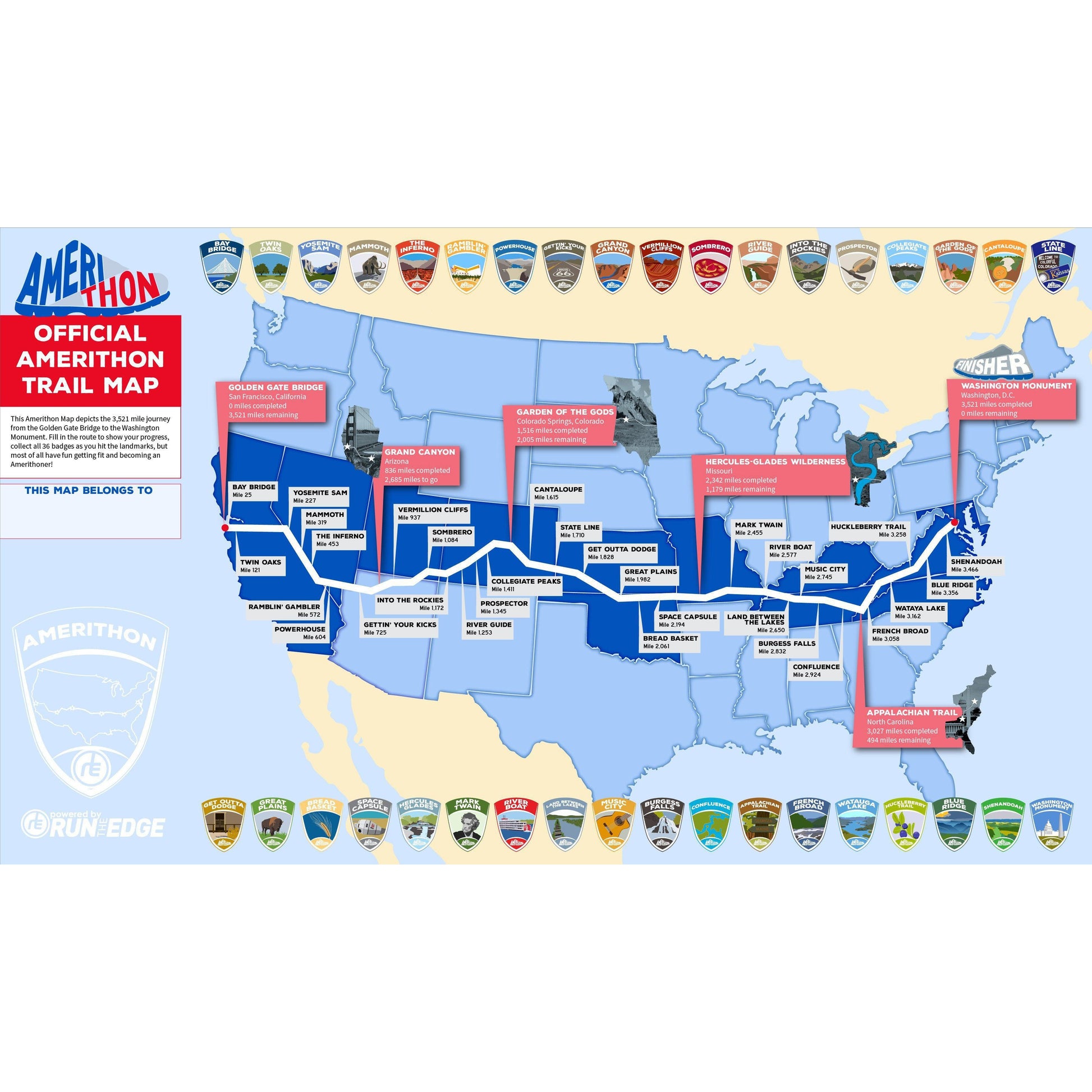 Amerithon Wall Map Virtual Fitness Challenge Accessories | Run The Edge